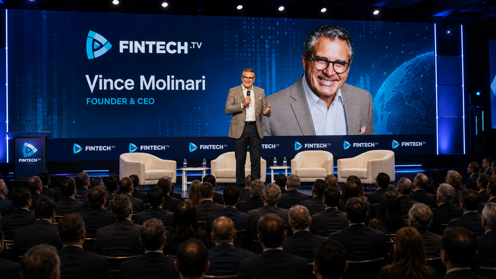 Vince Molinari speaking on stage at a FINTECH.TV broadcast event